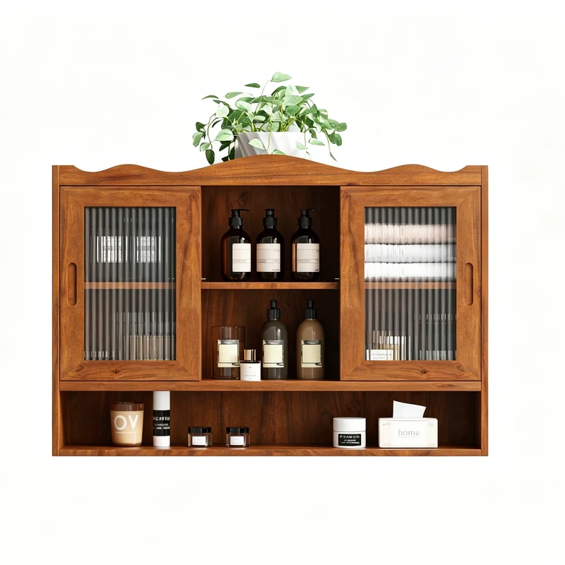 Armoires de toilette bois massif et en verre 2 coulissantes 90x20x60cm VINTAGEBRASSPRO