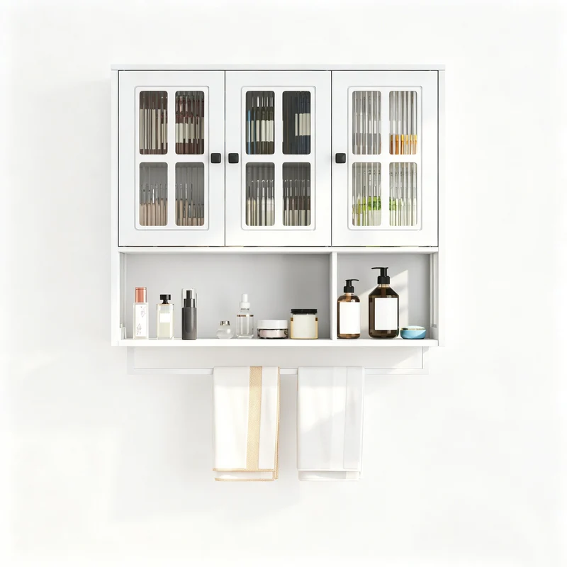 Armoires de toilette blanche et verre, 3 portes avec barre à serviettes 88x26x82,5cm VINTAGECHESTART