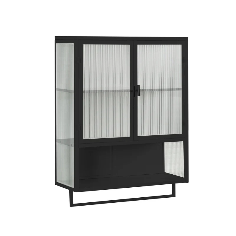 Armoire murale metallique noir et en verre 2 portes et porte-serviettes 60cm VINTAGECORNER