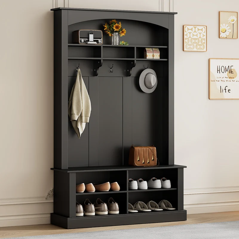 Unequivalent Vestiaire d’Entrée 120x40x190 cm Noir MDF avec Banc, Patères et Range-Chaussures