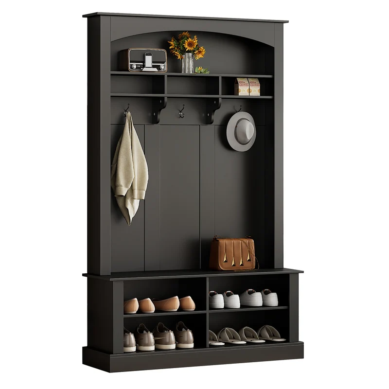 Unequivalent Vestiaire d’Entrée 120x40x190 cm Noir MDF avec Banc, Patères et Range-Chaussures