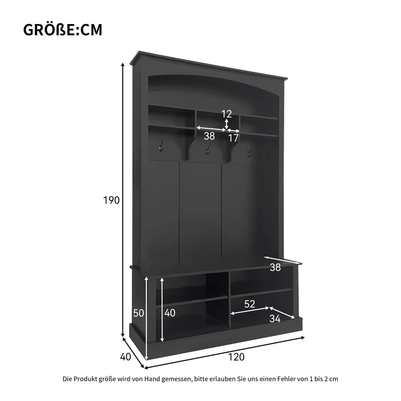 Unequivalent Vestiaire d’Entrée 120x40x190 cm Noir MDF avec Banc, Patères et Range-Chaussures
