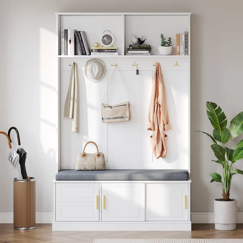 Cinematographical Vestiaire d’entrée blanc 120x40x191 cm en MDF, porte-manteaux avec banc à chaussures
