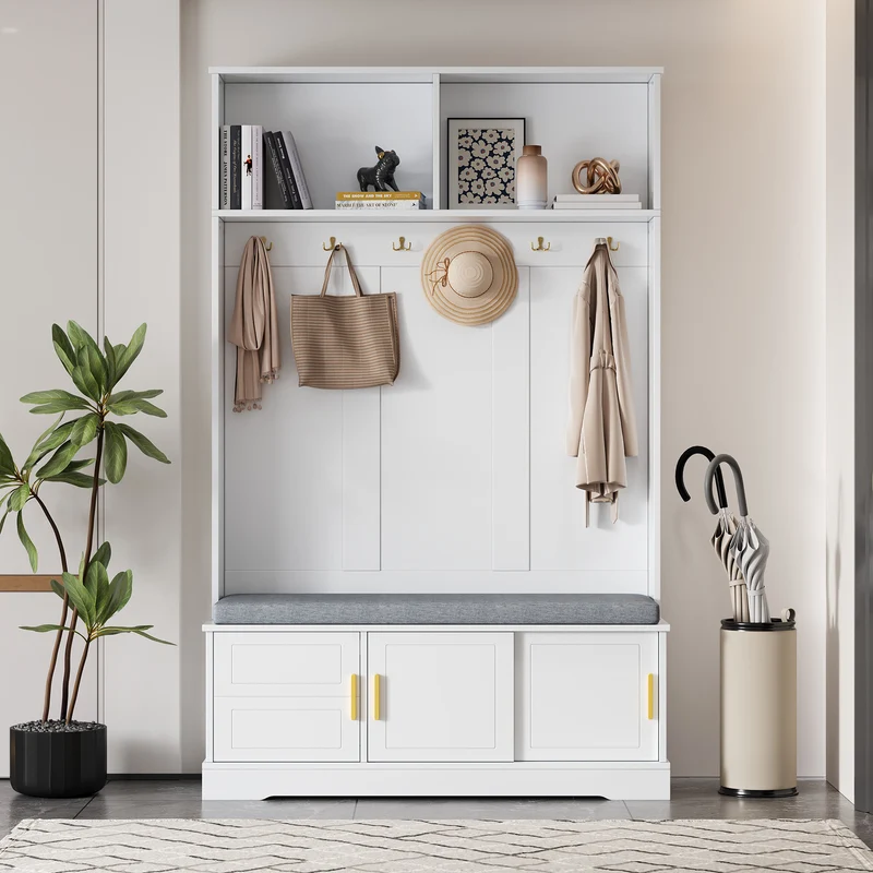 Cinematographical Vestiaire d’entrée blanc 120x40x191 cm en MDF, porte-manteaux avec banc à chaussures