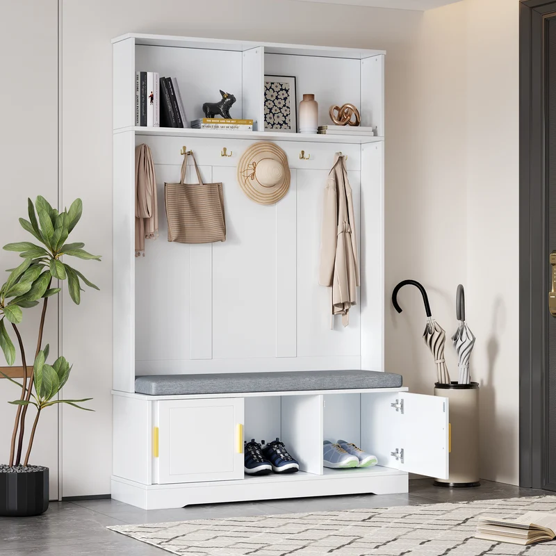 Cinematographical Vestiaire d’entrée blanc 120x40x191 cm en MDF, porte-manteaux avec banc à chaussures