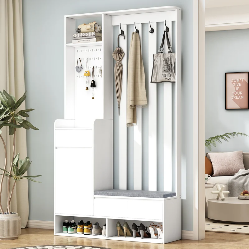Airify Vestiaire d’entrée blanc MDF 100x35x180 cm avec banc rembourré et panneau perforé
