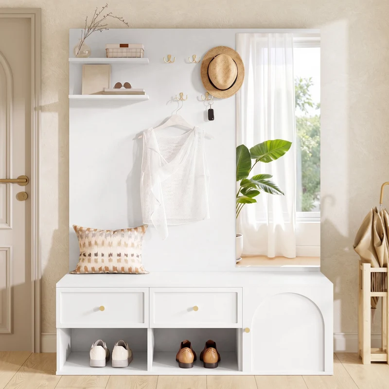 Reconfigurations Meuble d’entrée blanc 120 cm avec miroir, banc et rangement chaussures