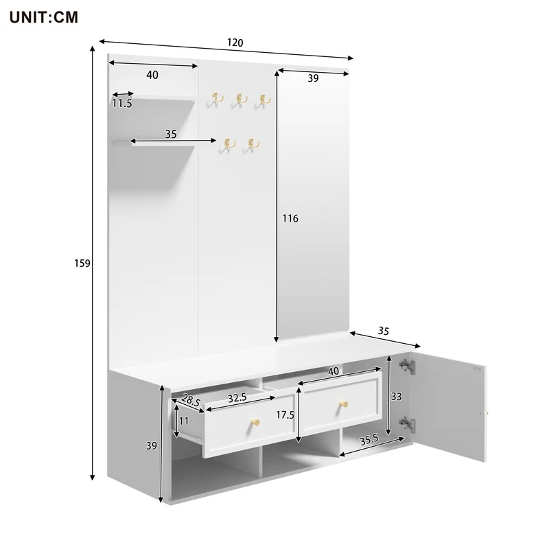 Reconfigurations Meuble d’entrée blanc 120 cm avec miroir, banc et rangement chaussures