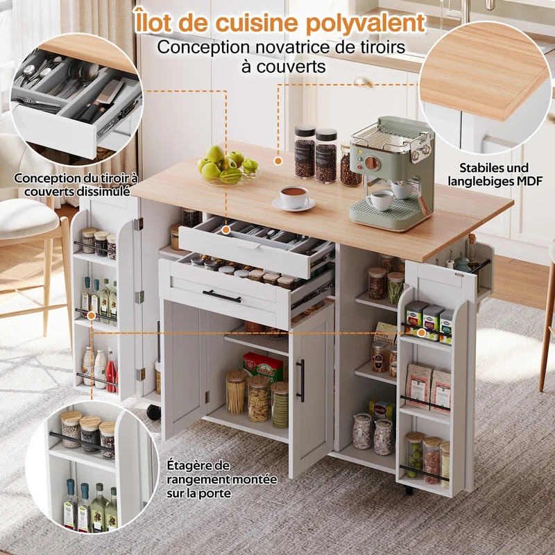 Procotols Îlot de Cuisine Roulant 136x70x92 cm MDF Blanc Naturel avec Plateau Extensible