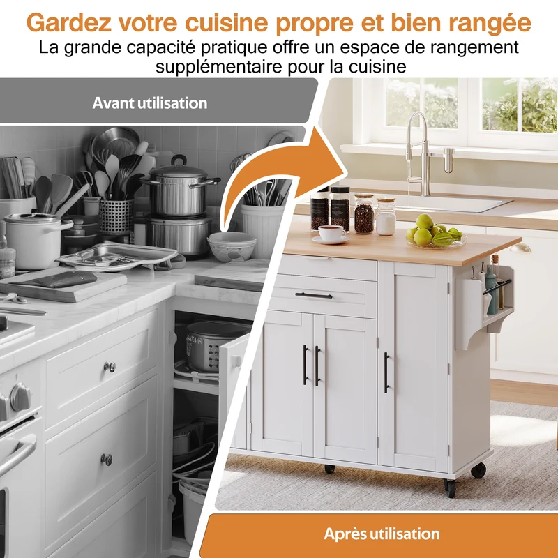 Procotols Îlot de Cuisine Roulant 136x70x92 cm MDF Blanc Naturel avec Plateau Extensible