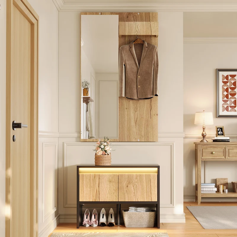 Landway Meuble d’entrée avec miroir 60 cm noir effet bois, banc à chaussures 2 tiroirs