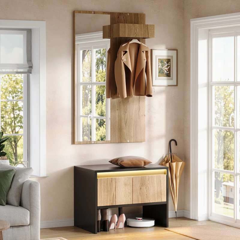 Landway Meuble d’entrée avec miroir 60 cm noir effet bois, banc à chaussures 2 tiroirs