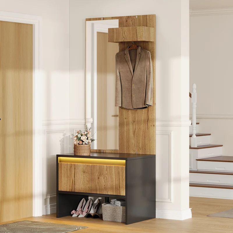 Landway Meuble d’entrée avec miroir 60 cm noir effet bois, banc à chaussures 2 tiroirs