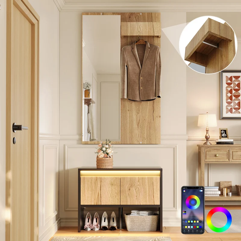 Landway Meuble d’entrée avec miroir 60 cm noir effet bois, banc à chaussures 2 tiroirs