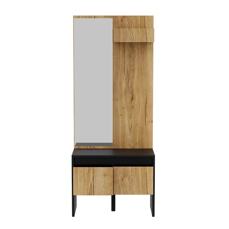 Landway Meuble d’entrée avec miroir 60 cm noir effet bois, banc à chaussures 2 tiroirs