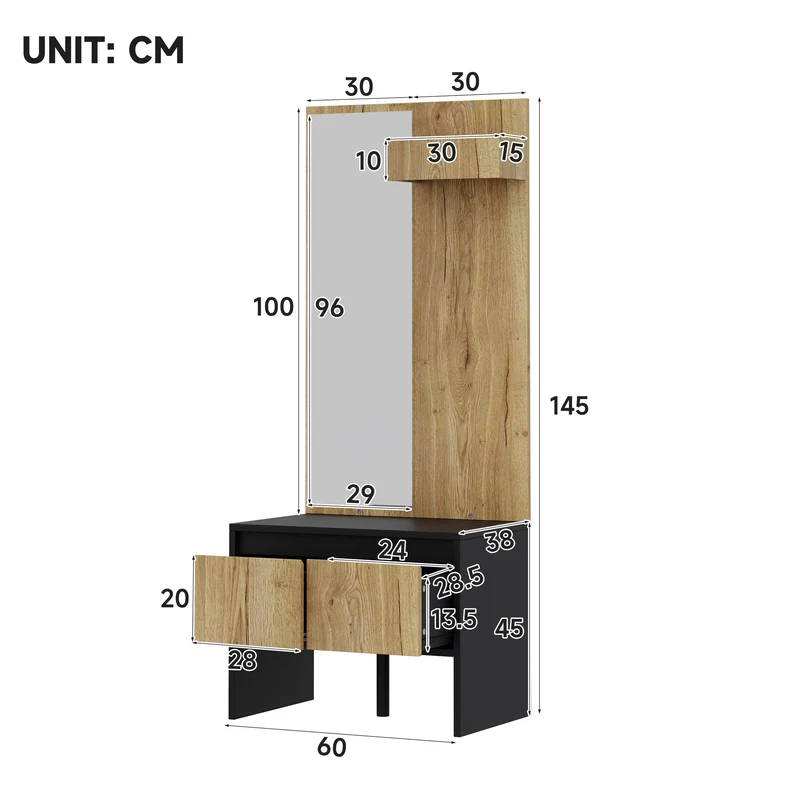 Landway Meuble d’entrée avec miroir 60 cm noir effet bois, banc à chaussures 2 tiroirs