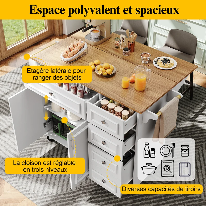 Nonjudicative Îlot de Cuisine Pliant Blanc MDF 110 x 45-75 cm avec Rangement et Plateau Extensible