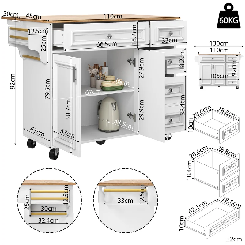 Nonjudicative Îlot de Cuisine Pliant Blanc MDF 110 x 45-75 cm avec Rangement et Plateau Extensible
