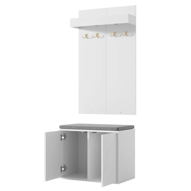 Untittering Meuble d’Entrée Blanc 60 cm avec Banc, Porte-Manteaux 4 Crochets et Range-Chaussures