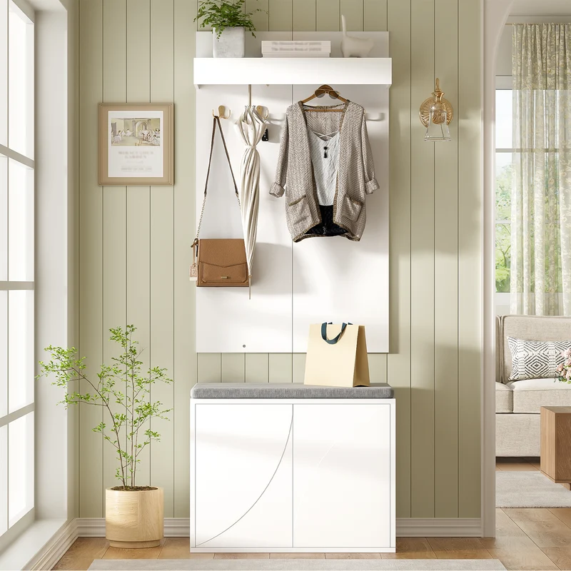 Untittering Meuble d’Entrée Blanc 60 cm avec Banc, Porte-Manteaux 4 Crochets et Range-Chaussures