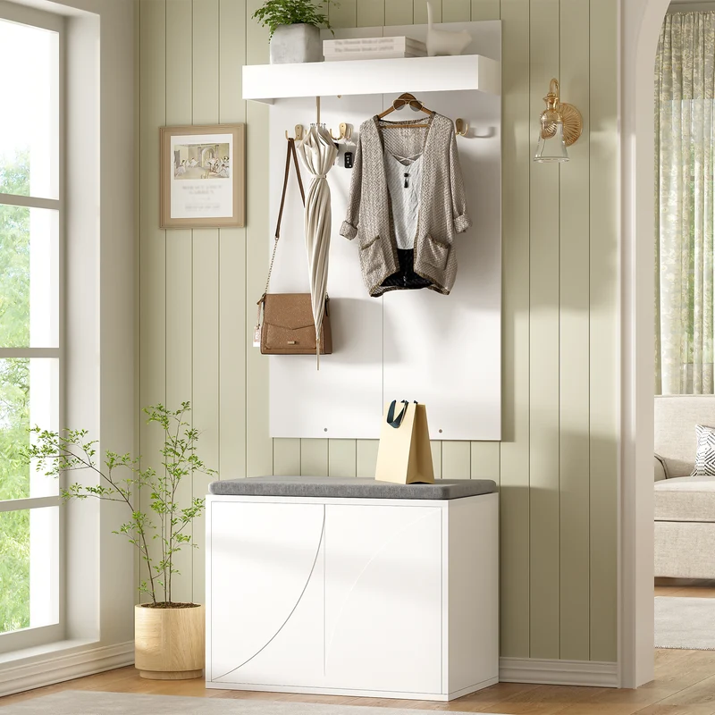 Untittering Meuble d’Entrée Blanc 60 cm avec Banc, Porte-Manteaux 4 Crochets et Range-Chaussures