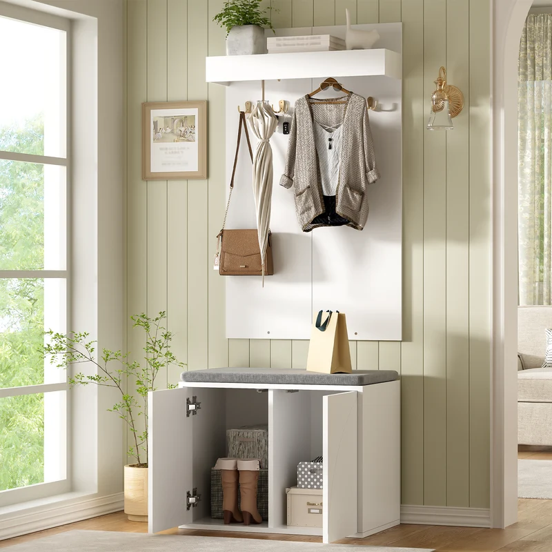 Untittering Meuble d’Entrée Blanc 60 cm avec Banc, Porte-Manteaux 4 Crochets et Range-Chaussures