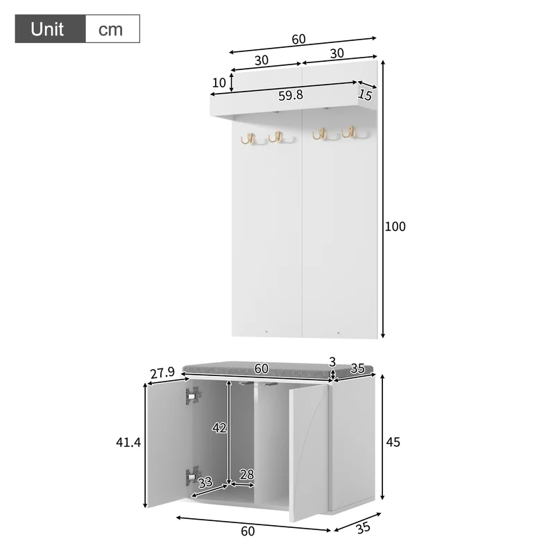 Untittering Meuble d’Entrée Blanc 60 cm avec Banc, Porte-Manteaux 4 Crochets et Range-Chaussures