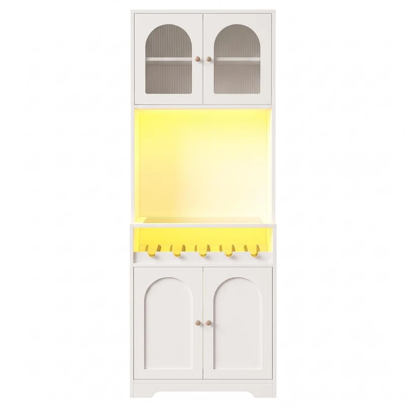 Overgenerousness Buffet haut 180 cm blanc MDF, vaisselier LED RGB avec portes vitrées et range-vin