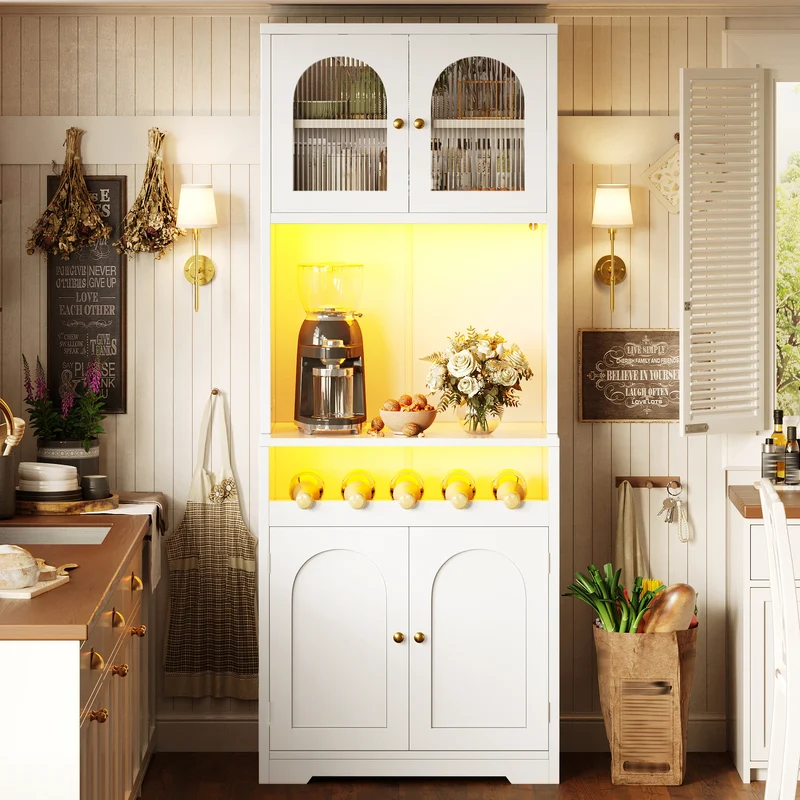Overgenerousness Buffet haut 180 cm blanc MDF, vaisselier LED RGB avec portes vitrées et range-vin