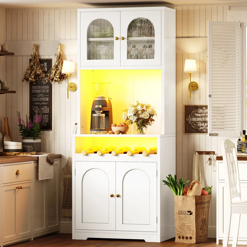 Overgenerousness Buffet haut 180 cm blanc MDF, vaisselier LED RGB avec portes vitrées et range-vin
