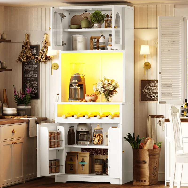 Overgenerousness Buffet haut 180 cm blanc MDF, vaisselier LED RGB avec portes vitrées et range-vin