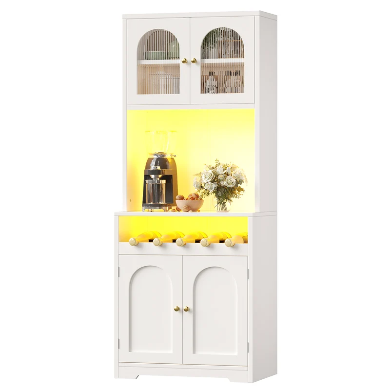 Overgenerousness Buffet haut 180 cm blanc MDF, vaisselier LED RGB avec portes vitrées et range-vin