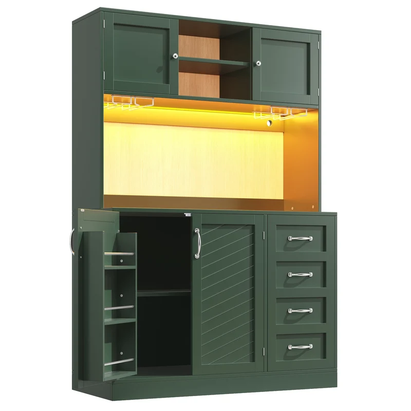 Pooled Buffet de cuisine 120x40x188 cm vert MDF avec LED, range-bouteilles et tiroirs
