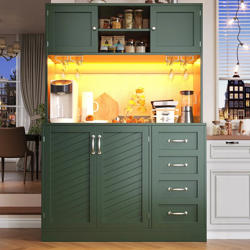 Pooled Buffet de cuisine 120x40x188 cm vert MDF avec LED, range-bouteilles et tiroirs