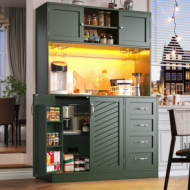 Pooled Buffet de cuisine 120x40x188 cm vert MDF avec LED, range-bouteilles et tiroirs