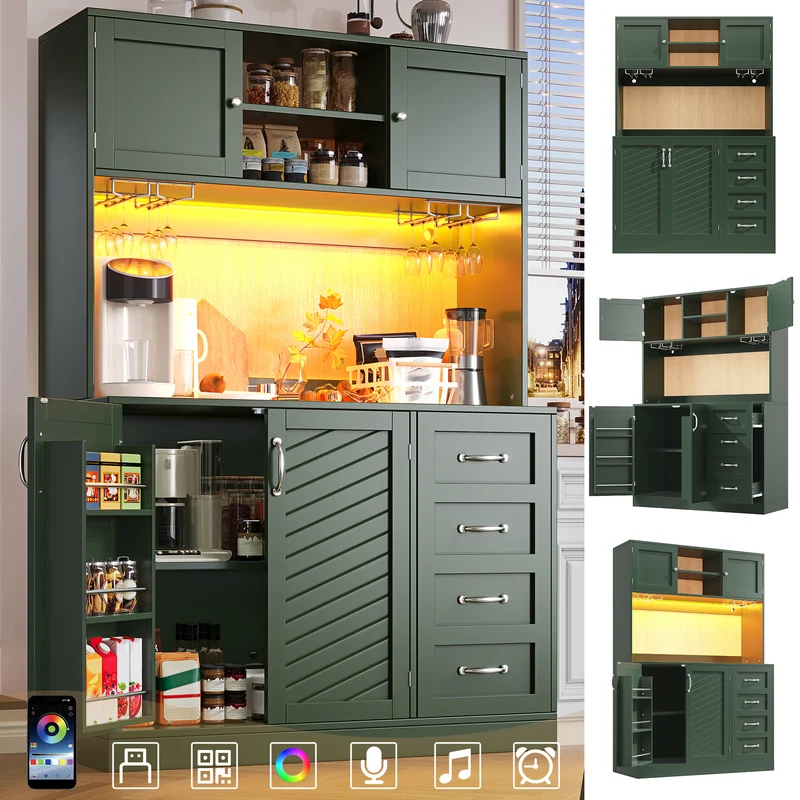 Pooled Buffet de cuisine 120x40x188 cm vert MDF avec LED, range-bouteilles et tiroirs