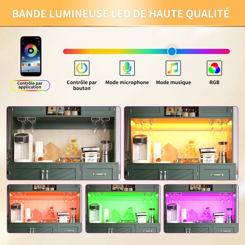Pooled Buffet de cuisine 120x40x188 cm vert MDF avec LED, range-bouteilles et tiroirs