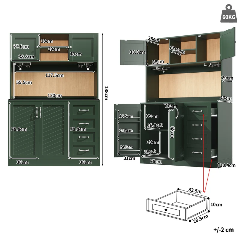 Pooled Buffet de cuisine 120x40x188 cm vert MDF avec LED, range-bouteilles et tiroirs