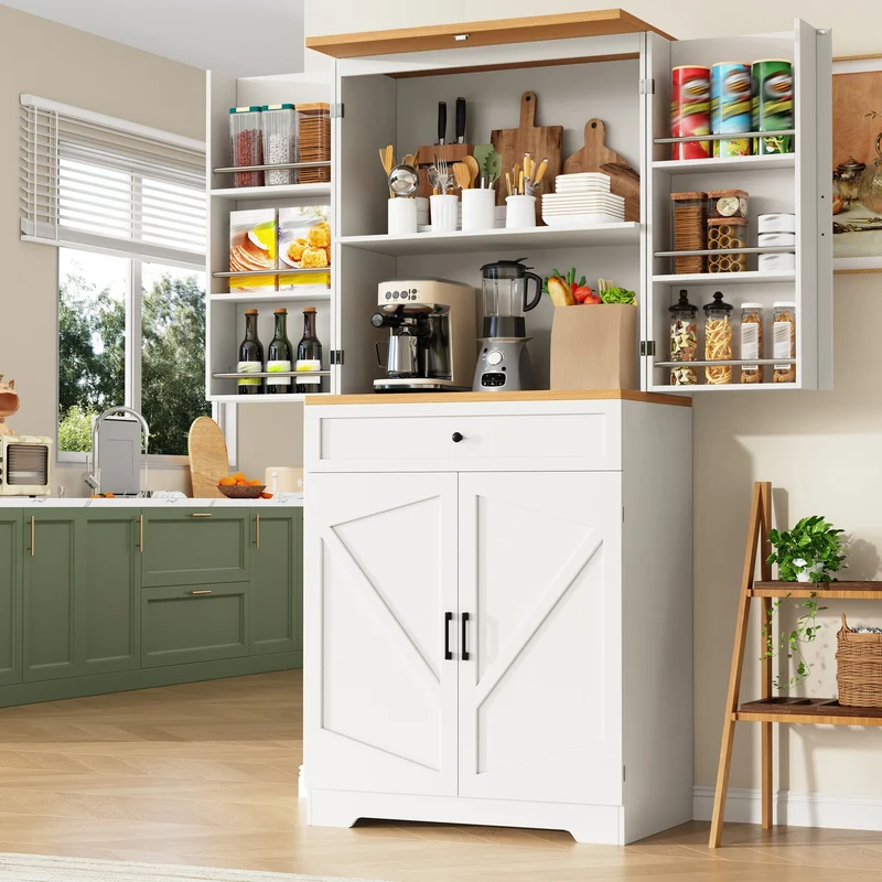 Nasion Buffet haut blanc 80x40x180 cm MDF, rangement cuisine avec étagères et tiroirs
