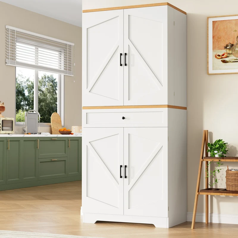 Nasion Buffet haut blanc 80x40x180 cm MDF, rangement cuisine avec étagères et tiroirs