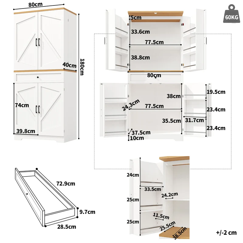 Nasion Buffet haut blanc 80x40x180 cm MDF, rangement cuisine avec étagères et tiroirs