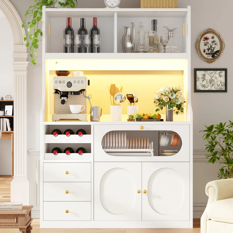 Talemaster Buffet de cuisine 120 cm blanc MDF, LED RGB, portes vitrées coulissantes & range-bouteilles