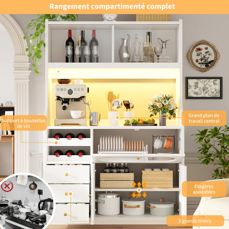 Talemaster Buffet de cuisine 120 cm blanc MDF, LED RGB, portes vitrées coulissantes & range-bouteilles