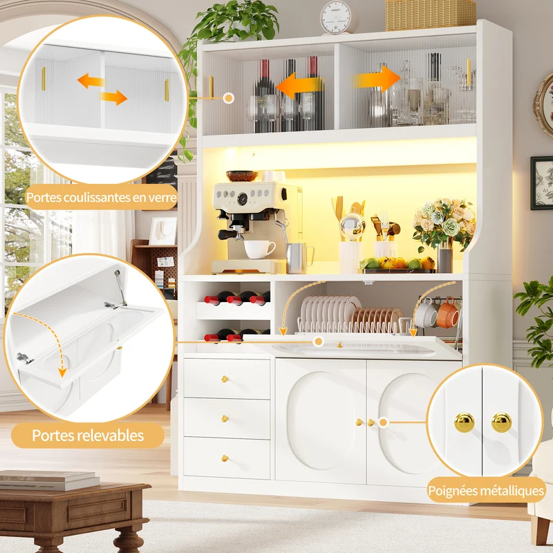 Talemaster Buffet de cuisine 120 cm blanc MDF, LED RGB, portes vitrées coulissantes & range-bouteilles