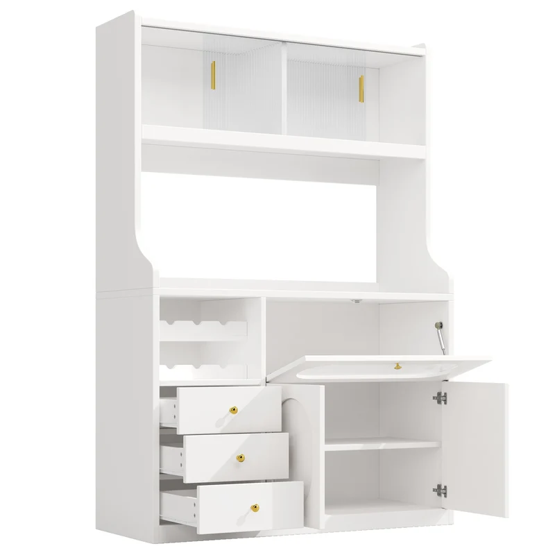 Talemaster Buffet de cuisine 120 cm blanc MDF, LED RGB, portes vitrées coulissantes & range-bouteilles