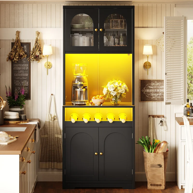 Blipped Buffet Haut 180 cm Noir MDF, Vitrine LED RGB avec Porte-Verres & Range-Bouteilles