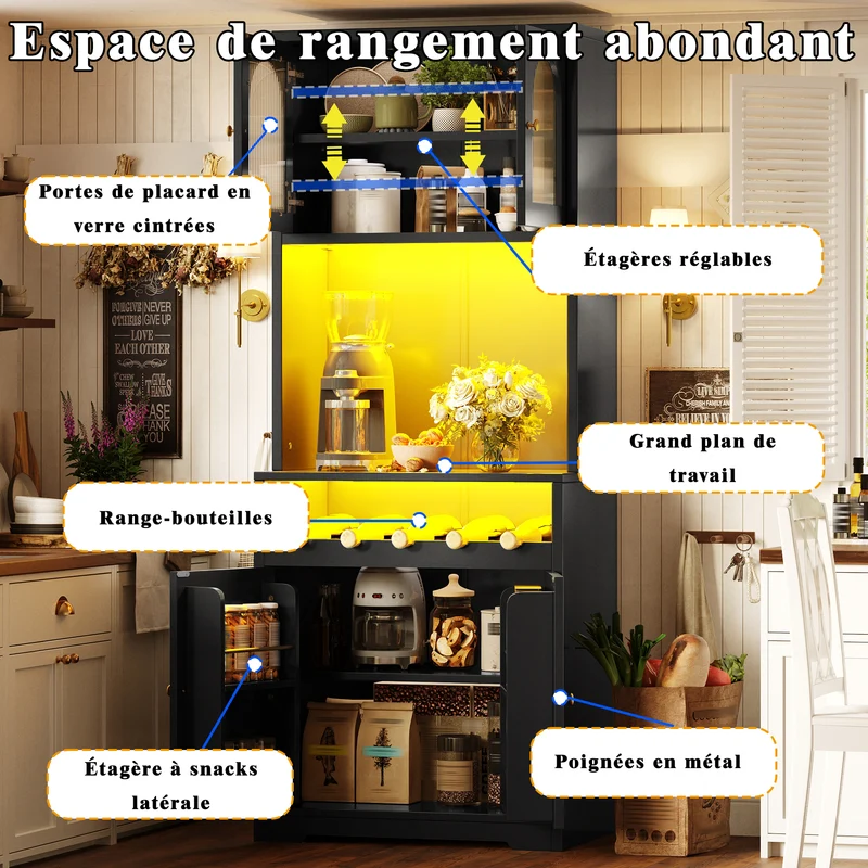 Blipped Buffet Haut 180 cm Noir MDF, Vitrine LED RGB avec Porte-Verres & Range-Bouteilles