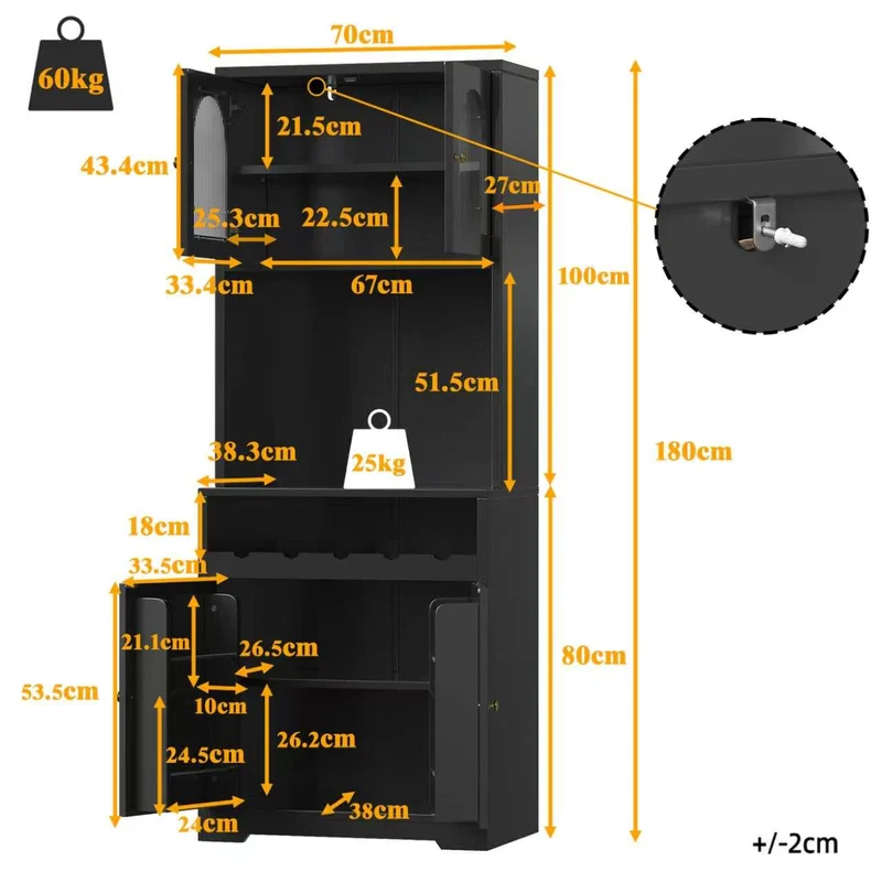 Blipped Buffet Haut 180 cm Noir MDF, Vitrine LED RGB avec Porte-Verres & Range-Bouteilles