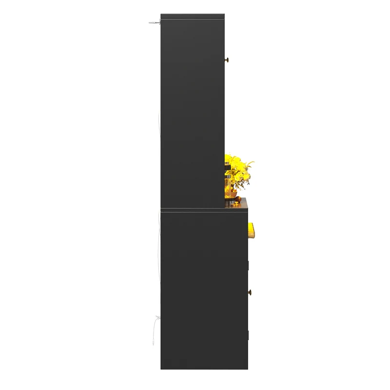 Blipped Buffet Haut 180 cm Noir MDF, Vitrine LED RGB avec Porte-Verres & Range-Bouteilles