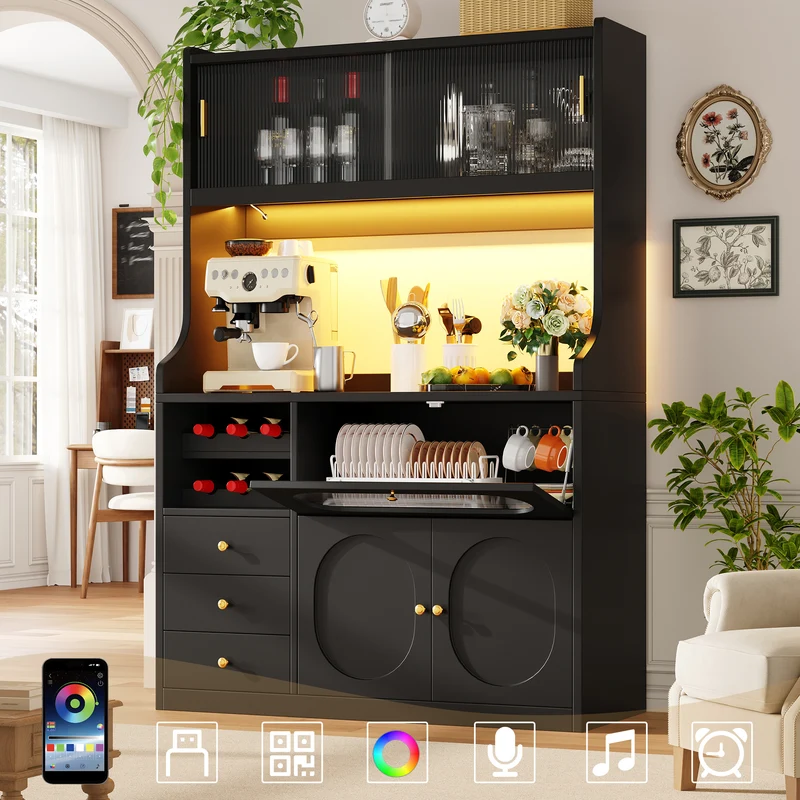 Hexacosihedroid Buffet haut cuisine 120 cm noir MDF avec LED RGB, portes vitrées et range-bouteilles